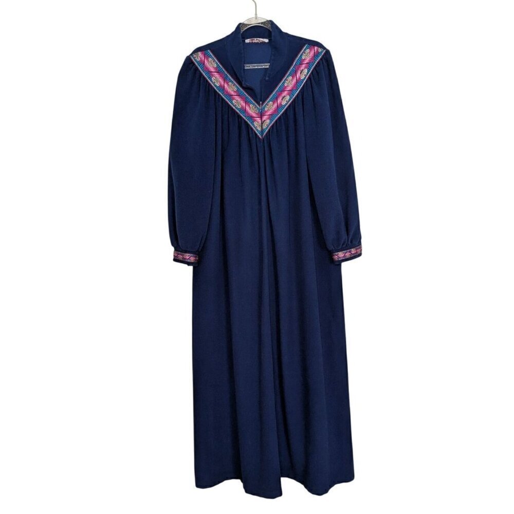 Vintage Vanity Fair Robe Womens Size Medium Blue Fleece Embroidered House Coat